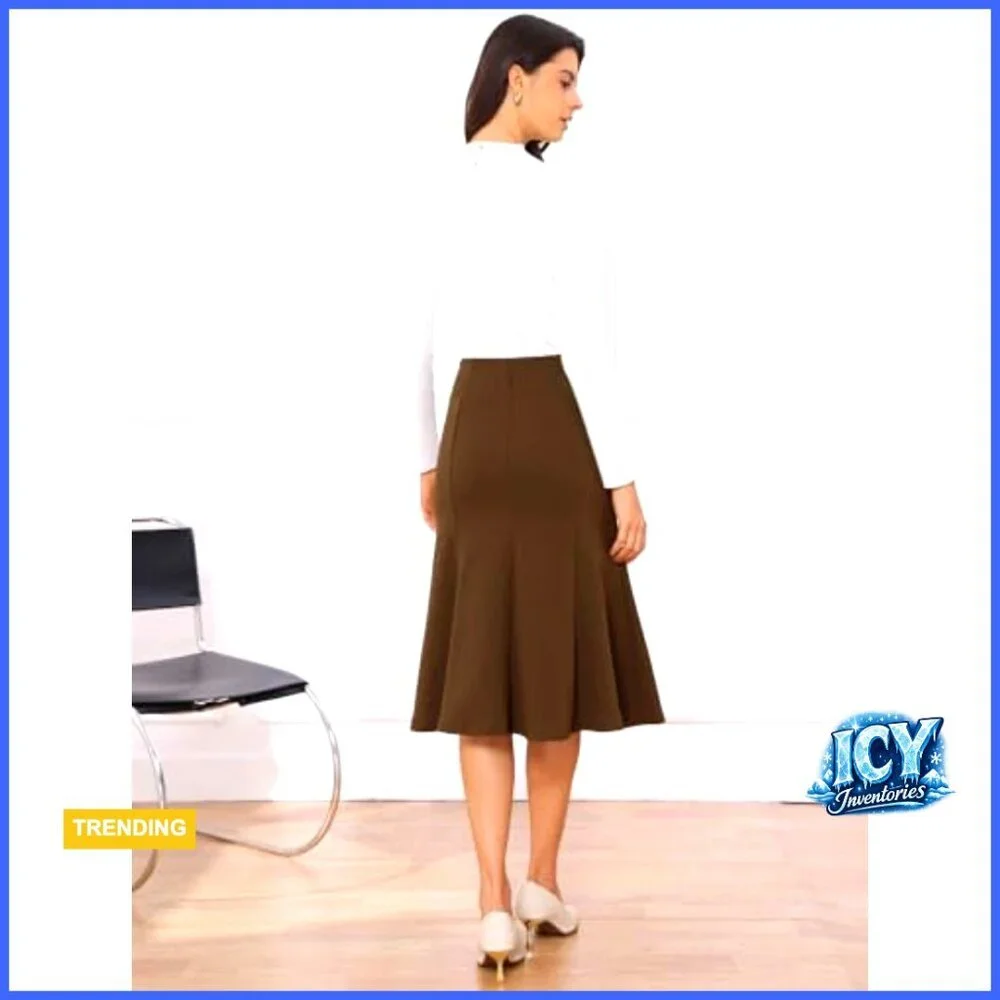 High Waisted Fishtail Midi Skirt Panel Hem Business Casual Workwear